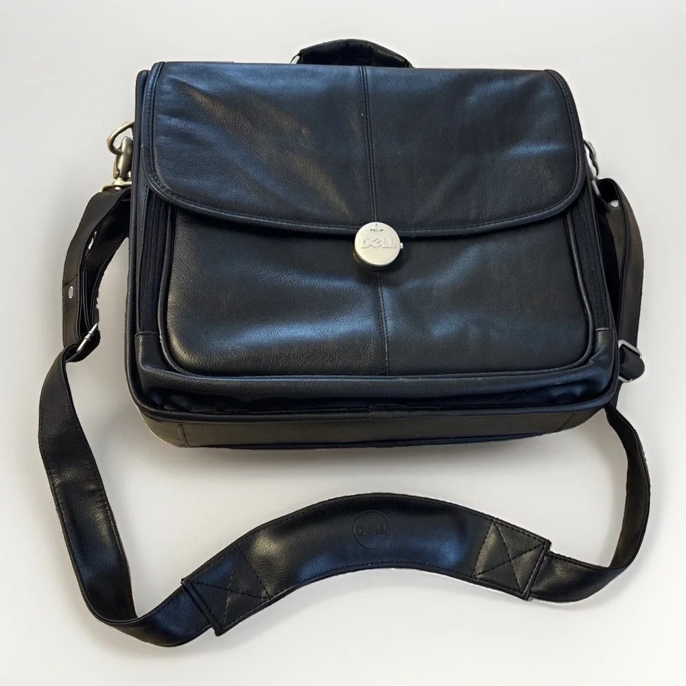 Dell Deluxe Leather Laptop Messenger Bag Heavy Duty Briefcase Vintage Black
